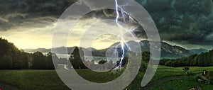 Thunderstorm with lightning strikes over the Alps at Lake Attersee, Salzburg Austria â€“ Concept for insurance damage, security,