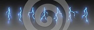 Thunderstorm lightning, thunderbolt strike, realistic electric zipper, energy flash light effect, blue lightning bolt