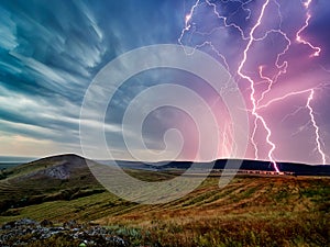 Thunderstorm with lightnings over the fields photo