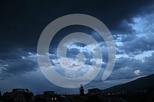 Thunderstorm lights. Bright lightning thunderstorms sparkle from the cloud. Dangerous electrical flash. Levin or scintillation.