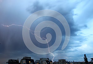 Thunderstorm lights. Bright lightning thunderstorms sparkle from the cloud. Dangerous electrical flash. Levin or scintillation.