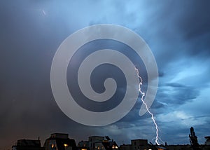 Thunderstorm lights. Bright lightning thunderstorms sparkle from the cloud. Dangerous electrical flash. Levin or scintillation.