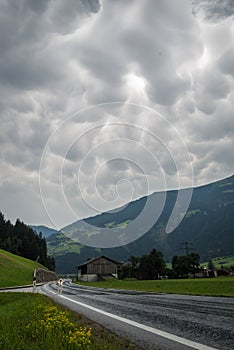 Thunderstorm with mammatus clouds over a valley in the Alps, Europe