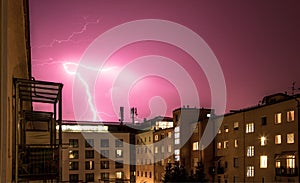 Thunderstorm in the night: Lightning on the sky, urban city, Austria