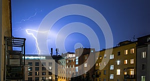 Thunderstorm in the night: Lightning on the sky, urban city, Austria