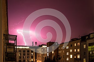 Thunderstorm in the night: Lightning on the sky, urban city, Austria