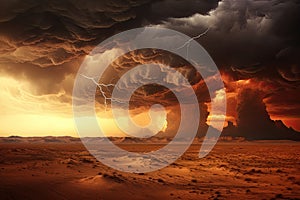 Thunderstorm over the desert at sunset. 3d render illustration, AI Generated