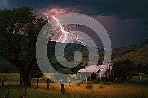 Thunderstorm over farmhouse with forked lightning strike.