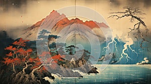 thunderstorm over a mountain range, capturing the power and beauty of nature, japanese art style landscape by AI generated