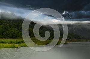 Thunderstorm over the mountain and the river
