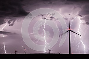 Thunderstorm over a wind farm representing renewable energy