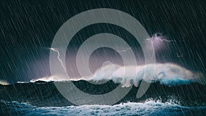 Thunderstorm in the sea with waves and lightning