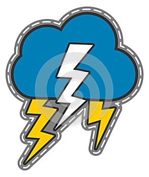 Thunderstorm sticker. Colorful cloud and lightning patch