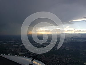 Thunderstorm view from airplane cockpit