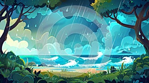 In thunderstorms and rain, seashores are flooded with waves, clouds, and raindrops. Cartoon storm modern landscape of photo