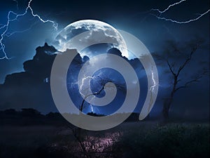 Thunderstruck Night Sky Dramatic Full Moon in the Midst of a Lightning Storm, Generative Ai