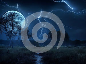 Thunderstruck Night Sky Dramatic Full Moon in the Midst of a Lightning Storm, Generative Ai