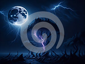 Thunderstruck Night Sky Dramatic Full Moon in the Midst of a Lightning Storm, Generative Ai