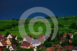 Thundery weather befor the storm over the green valley in Alsace