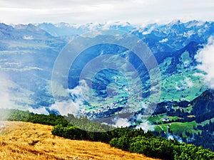 Thur River Valley in the Toggenburg region, and between the mountain ranges of Churfirsten and Alpstein