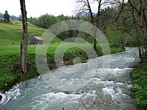 The Thur river in the village of Unterwasser