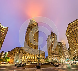 Thurgood Marshall United States Courthouse illuminated at night, New York City photo