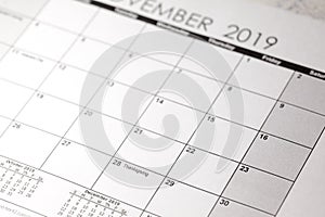 Thursday, November 28. Thanksgiving in US 2019 in selective focus on calendar