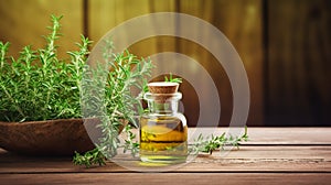 Thyme essential oil in a bottle. Generative AI,