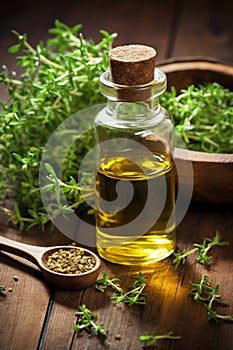 Thyme essential oil in a bottle. Generative AI,