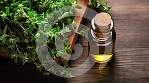 Thyme essential oil in a bottle. Generative AI,