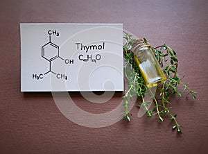 Thyme essential oil with fresh green thyme twigs and chemical formula of thymol. Beauty, spa concept.