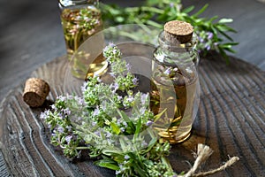 Thyme essential oil in a glass bottles and a bunch of thyme on a dark wooden background. Aroma oil preparation. Traditional