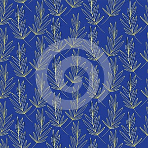 Thyme leaves stylized seamless pattern on blue background. Golden leaf scented branches simple vector art.