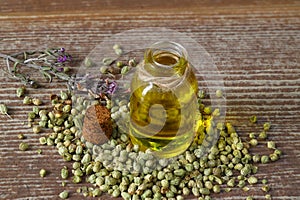 thyme(Oregano) essential oil and Heap of dry thyme in wooden spoon and in bowl on wooden background.