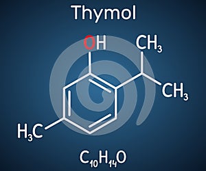 Thymol, IPMP molecule. It is phenol, natural monoterpene derivative of cymene. Structural chemical formula on the dark blue