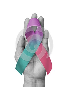 Thyroid cancer awareness ribbon for September month in teal pink blue bow color isolated on white background
