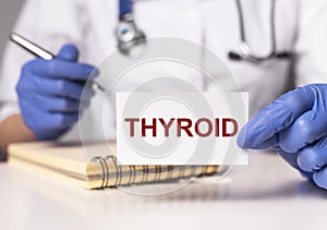 Thyroid word, inscription in doctor hands close up