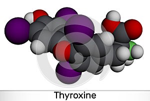 Thyroxine, T4, levothyroxine molecule. It is thyroid hormone, prohormone of thyronine T3, used to treat hypothyroidism. Molecular