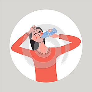 Thyrsty, dehydration prevention, balance of body maintenance concept. Young woman drinking fresh water from bottle. Flat