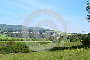 ThÃÂ¼r, Germany - 05 19 2021: View to Obemendig in spring