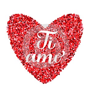 Ti Amo calligraphy hand lettering. I Love You inscription in Italian. Valentines day greeting card. Vector template for