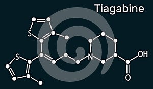 Tiagabine, C20H25NO2S2 molecule. It is anticonvulsant medication, is used in the treatment of epilepsy. Skeletal chemical formu on photo