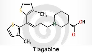 Tiagabine, C20H25NO2S2 molecule. It is anticonvulsant medication, is used in the treatment of epilepsy. Skeletal chemical formula photo