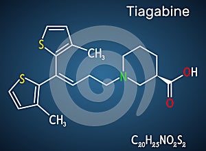 Tiagabine, C20H25NO2S2 molecule. It is anticonvulsant medication, is used in the treatment of epilepsy. Structural chemical photo