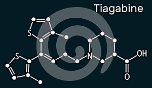 Tiagabine, C20H25NO2S2 molecule. It is anticonvulsant medication, is used in the treatment of epilepsy. Skeletal chemical formu on