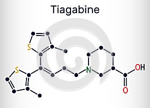 Tiagabine, C20H25NO2S2 molecule. It is anticonvulsant medication, is used in the treatment of epilepsy. Skeletal chemical formula