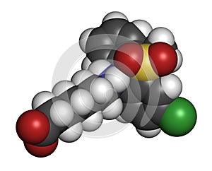 Tianeptine antidepressant drug molecule. 3D rendering. Atoms are represented as spheres with conventional color coding: hydrogen (