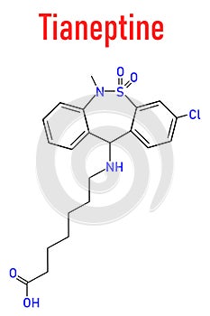 Tianeptine antidepressant drug molecule. Skeletal chemical formula.