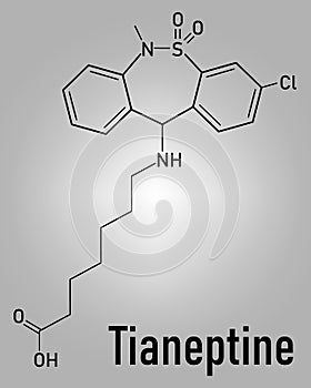 Tianeptine antidepressant drug molecule. Skeletal chemical formula.