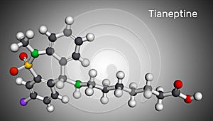 Tianeptine molecule. It is tricyclic antidepressant TCA. Molecular model. 3D rendering